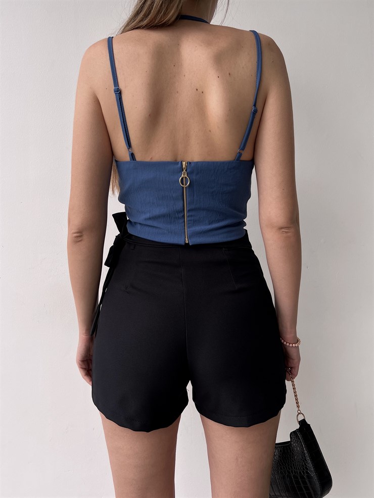 Kapaklı Kruvaze Yandan Bağcıklı Owen Kadın Siyah Şort Etek 22Y000146