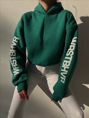 Kolları Yazılı Kapüşonlu Basic Kadın Yeşil Sweat 22K000289