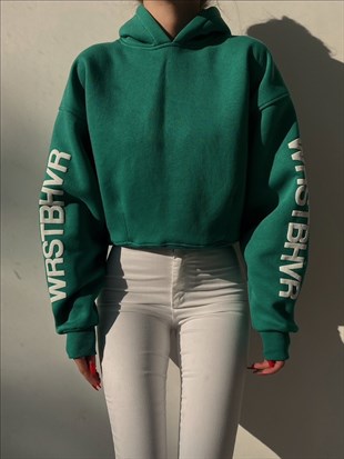 Kolları Yazılı Kapüşonlu Basic Kadın Yeşil Sweat 22K000289