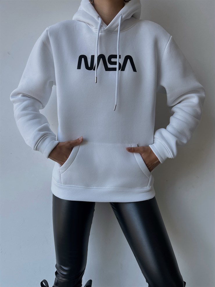 Kapüşonlu Cepli Nasa Yazılı Coman Kadın Beyaz Sweatshirt 23K000123