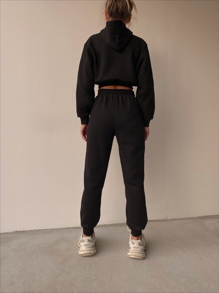 Kapüşonlu Crop Sweat Bağcıklı Alt Arella Kadın Siyah Eşofman Takım 22K000195