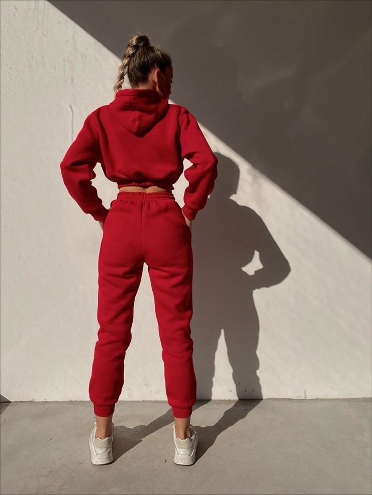 Kapüşonlu Crop Sweat Bağcıklı Alt Arella Kadın Kırmızı Eşofman Takım 22K000195