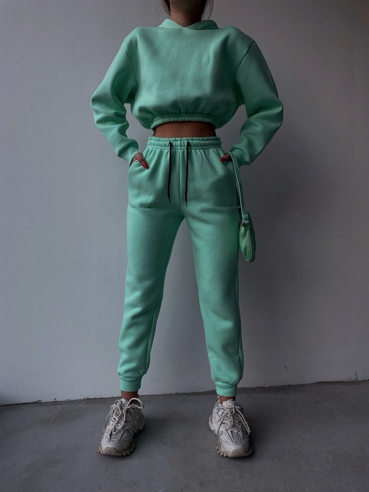Kapüşonlu Crop Sweat Bağcıklı Alt Arella Kadın Mint Eşofman Takım 22K000195