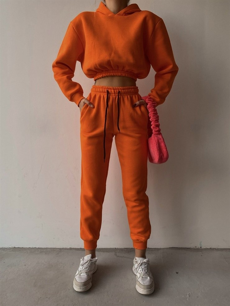 Kapüşonlu Crop Sweat Bağcıklı Alt Arella Kadın Turuncu Eşofman Takım 22K000195
