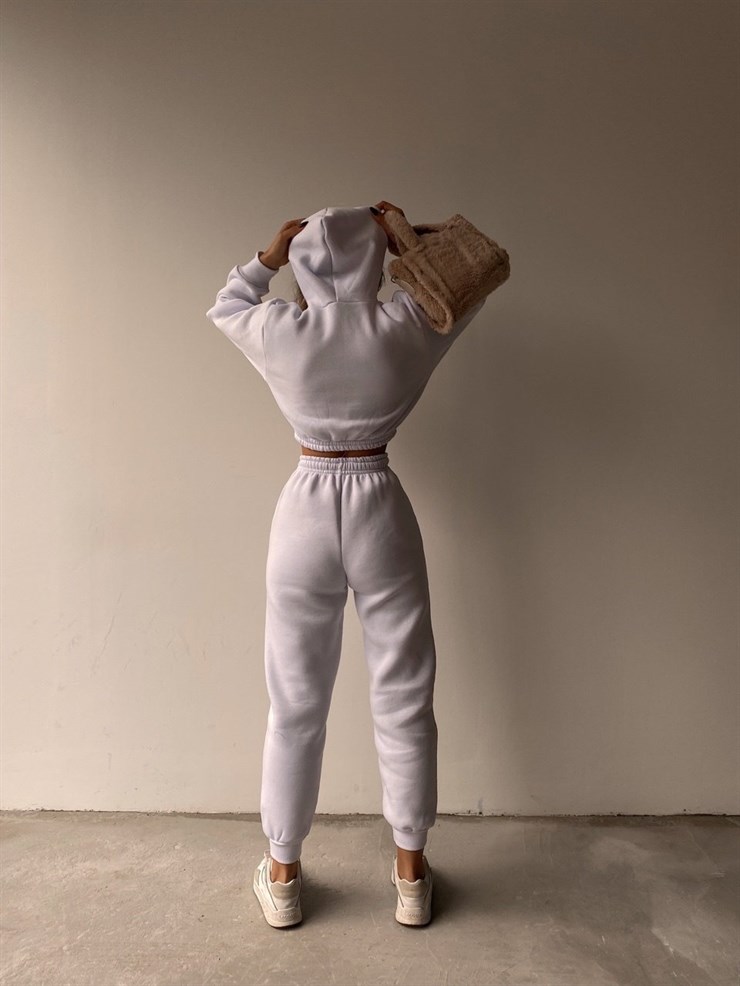Kapüşonlu Crop Sweat Bağcıklı Alt Arella Kadın Beyaz Eşofman Takım 22K000195