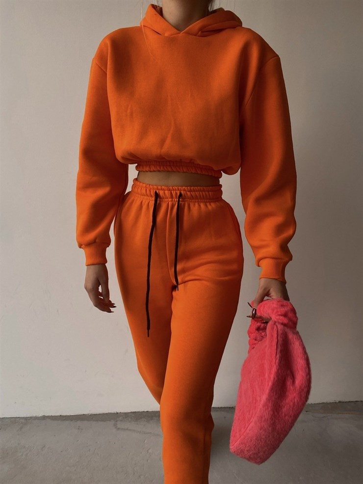 Kapüşonlu Crop Sweat Bağcıklı Alt Arella Kadın Turuncu Eşofman Takım 22K000195