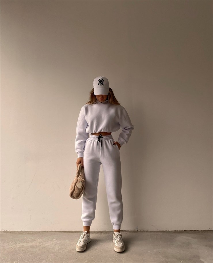 Kapüşonlu Crop Sweat Bağcıklı Alt Arella Kadın Beyaz Eşofman Takım 22K000195