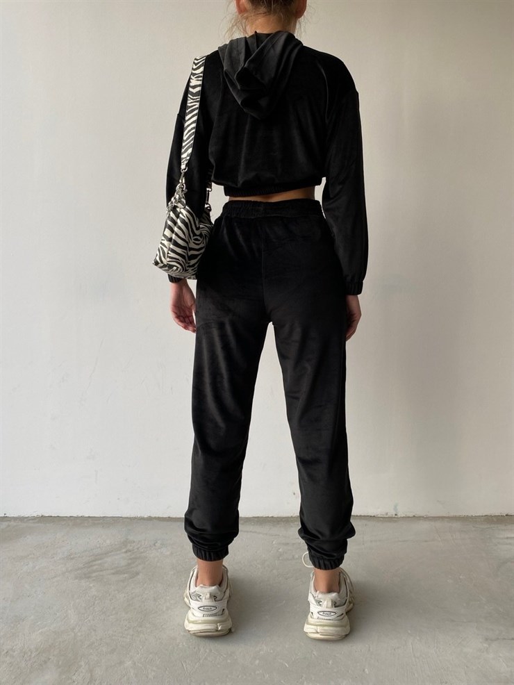 Kapüşonlu Crop Sweat Lastikli alt Kadife Kadın Siyah İkili Takım 22K000174