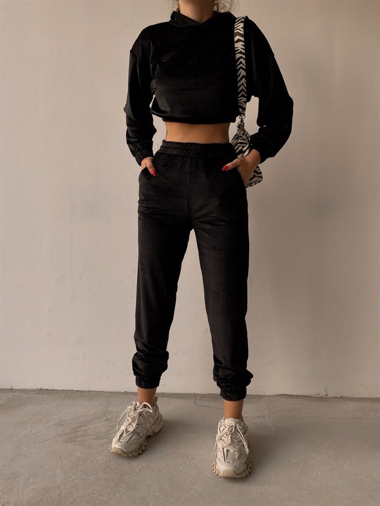 Kapüşonlu Crop Sweat Lastikli alt Kadife Kadın Siyah İkili Takım 22K000174