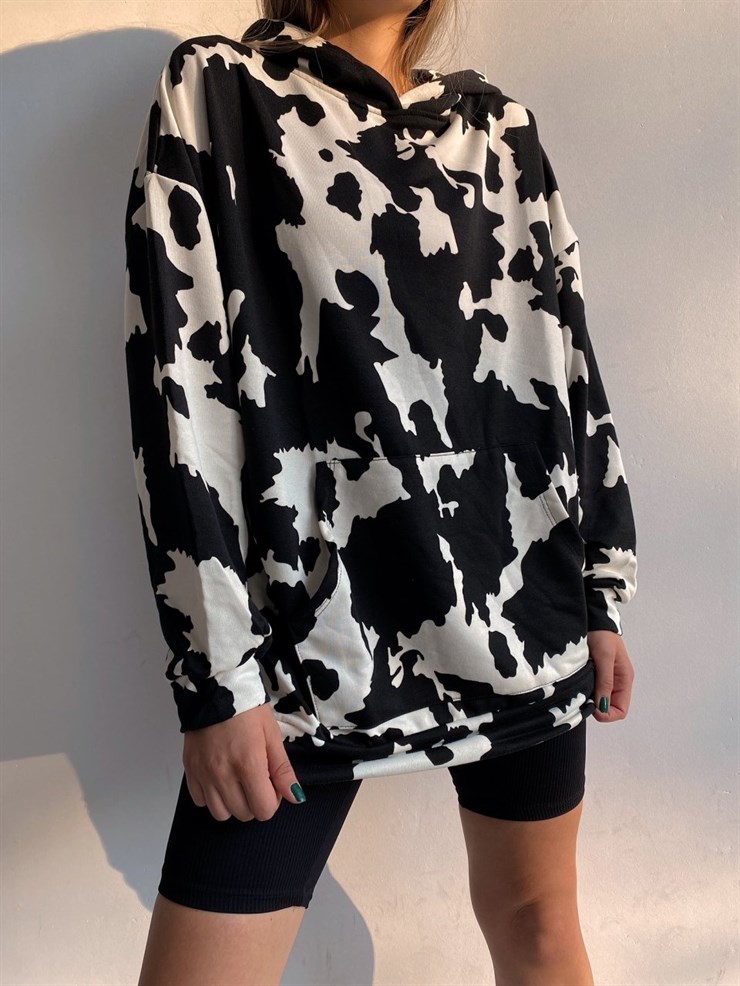 Kapüşonlu Dalmaçya Desenli Kadın Siyah Sweatshirt 21Y000551