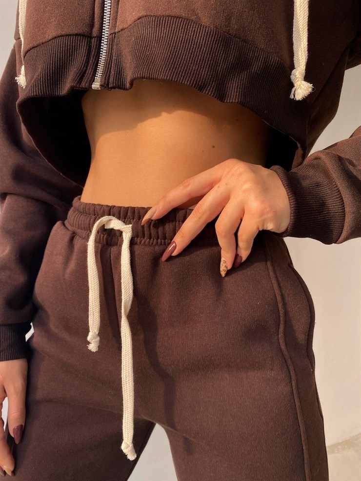 Kapüşonlu Fermuarlı Sweat Lastikli Alt Kadın Kahverengi Eşofman Takım 22K000186