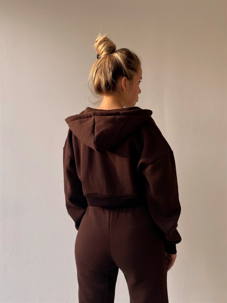 Kapüşonlu Fermuarlı Sweat Lastikli Alt Kadın Kahverengi Eşofman Takım 22K000186