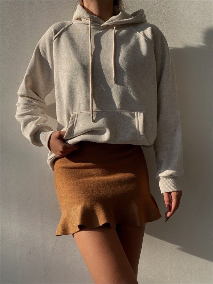 Kapüşonlu Kanguru Cepli Kadın Bej Melanj Sweat 22K000124