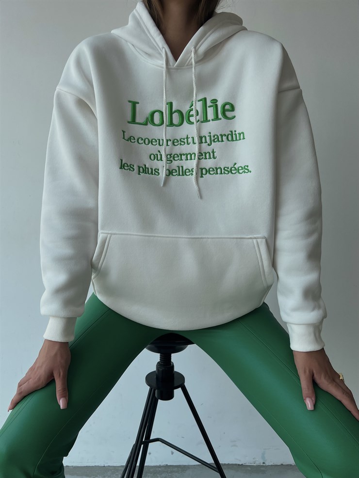 Kapüşonlu Kanguru Cepli Lobélie Yazılı Alvin Kadın Beyaz Sweat 23K000069