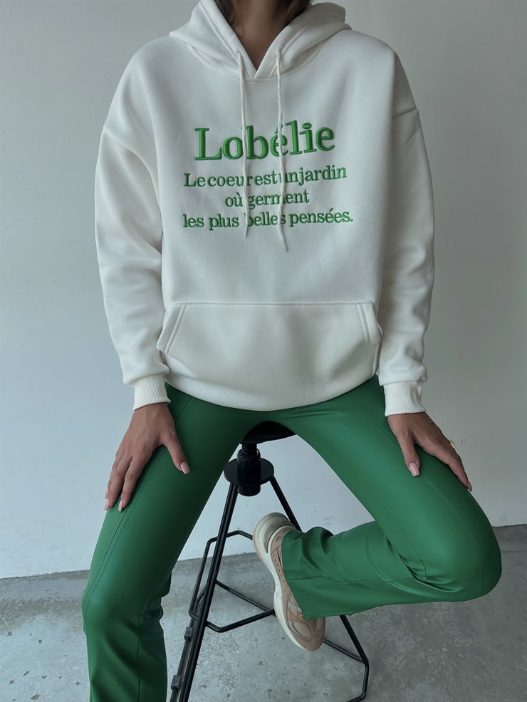 Kapüşonlu Kanguru Cepli Lobélie Yazılı Alvin Kadın Beyaz Sweat 23K000069