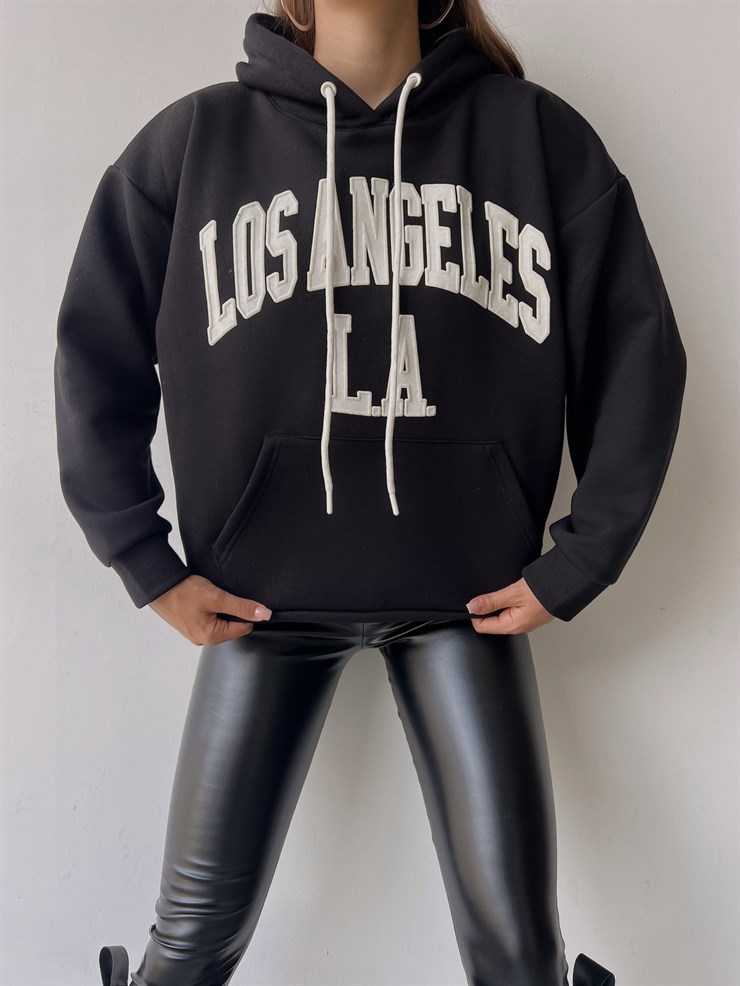 Kapüşonlu Kanguru Cepli Los Angeles Yazılı Tazia Kadın Siyah Sweatshirt 23K000067