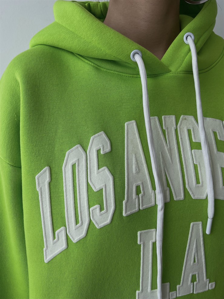 Kapüşonlu Kanguru Cepli Los Angeles Yazılı Tazia Kadın Neon Sweat 23K000067