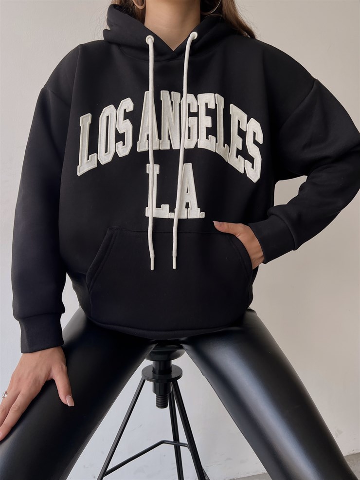 Kapüşonlu Kanguru Cepli Los Angeles Yazılı Tazia Kadın Siyah Sweatshirt 23K000067