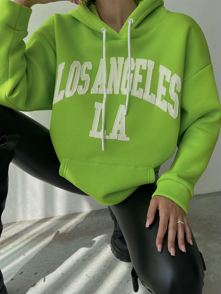 Kapüşonlu Kanguru Cepli Los Angeles Yazılı Tazia Kadın Neon Sweat 23K000067