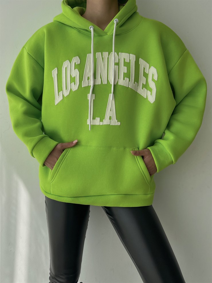 Kapüşonlu Kanguru Cepli Los Angeles Yazılı Tazia Kadın Neon Sweat 23K000067