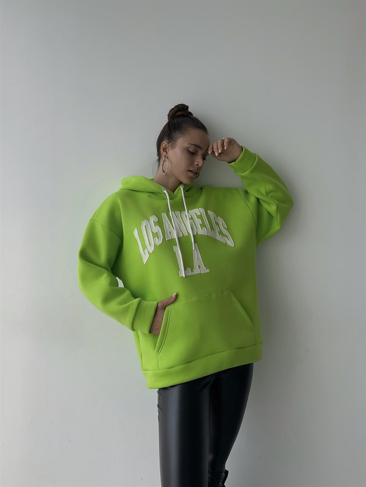 Kapüşonlu Kanguru Cepli Los Angeles Yazılı Tazia Kadın Neon Sweat 23K000067