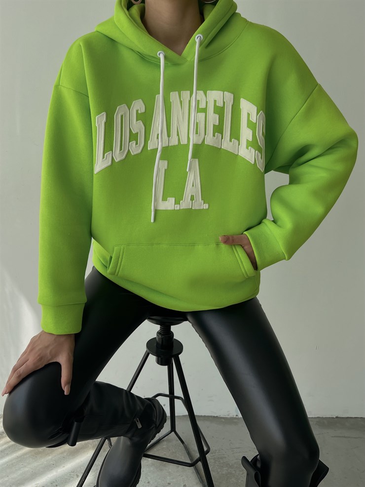 Kapüşonlu Kanguru Cepli Los Angeles Yazılı Tazia Kadın Neon Sweat 23K000067