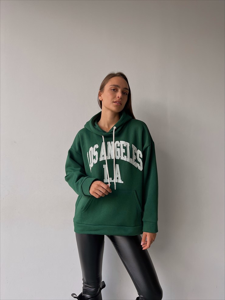 Kapüşonlu Kanguru Cepli Los Angeles Yazılı Tazia Kadın Zümrüt Sweatshirt 23K000067