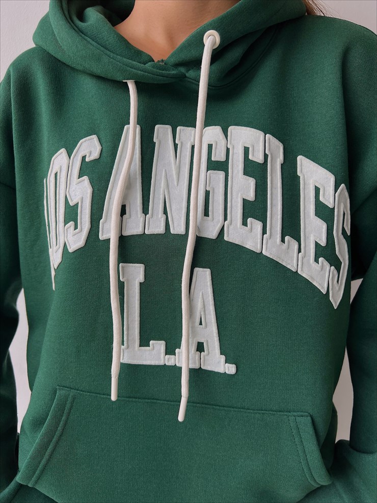 Kapüşonlu Kanguru Cepli Los Angeles Yazılı Tazia Kadın Zümrüt Sweatshirt 23K000067