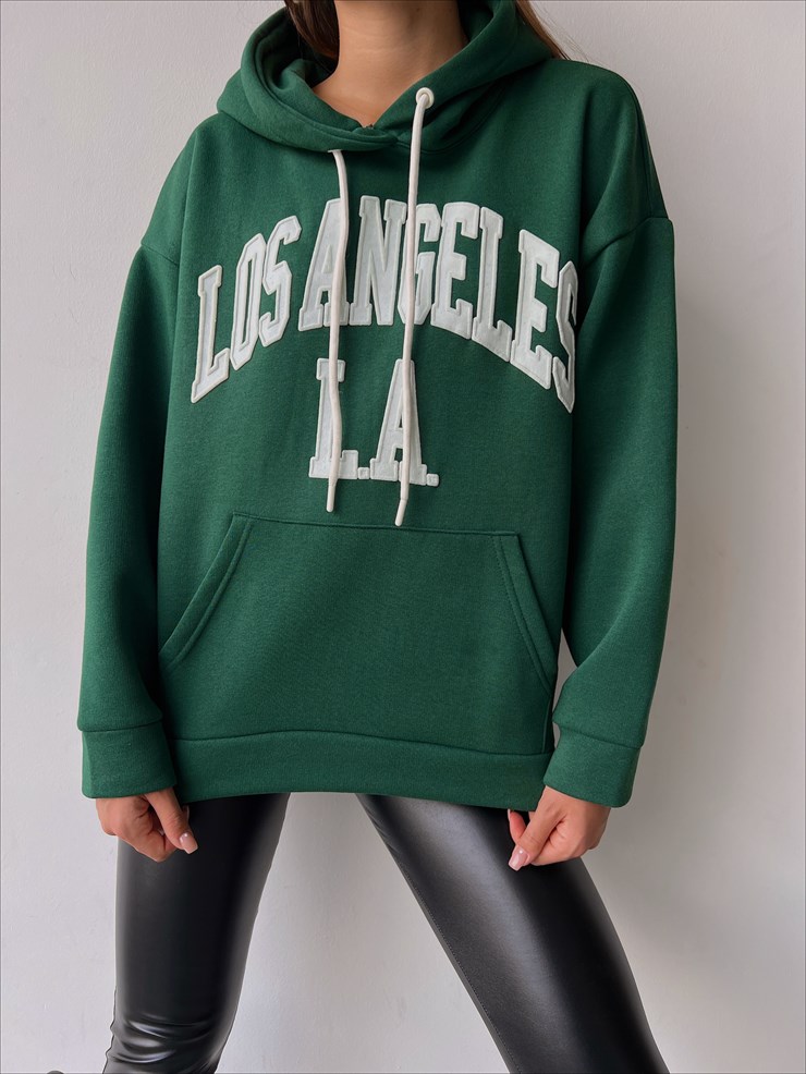 Kapüşonlu Kanguru Cepli Los Angeles Yazılı Tazia Kadın Zümrüt Sweatshirt 23K000067