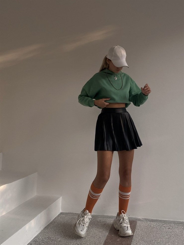 Kapüşonlu Lastik Bel Kadın Yeşil Crop Sweat 22K000012