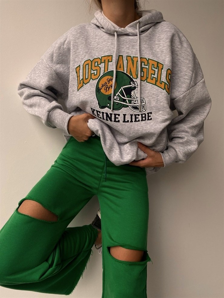 Kapüşonlu Lost Angels Baskılı Kadın Gri Sweatshirt 22K000161