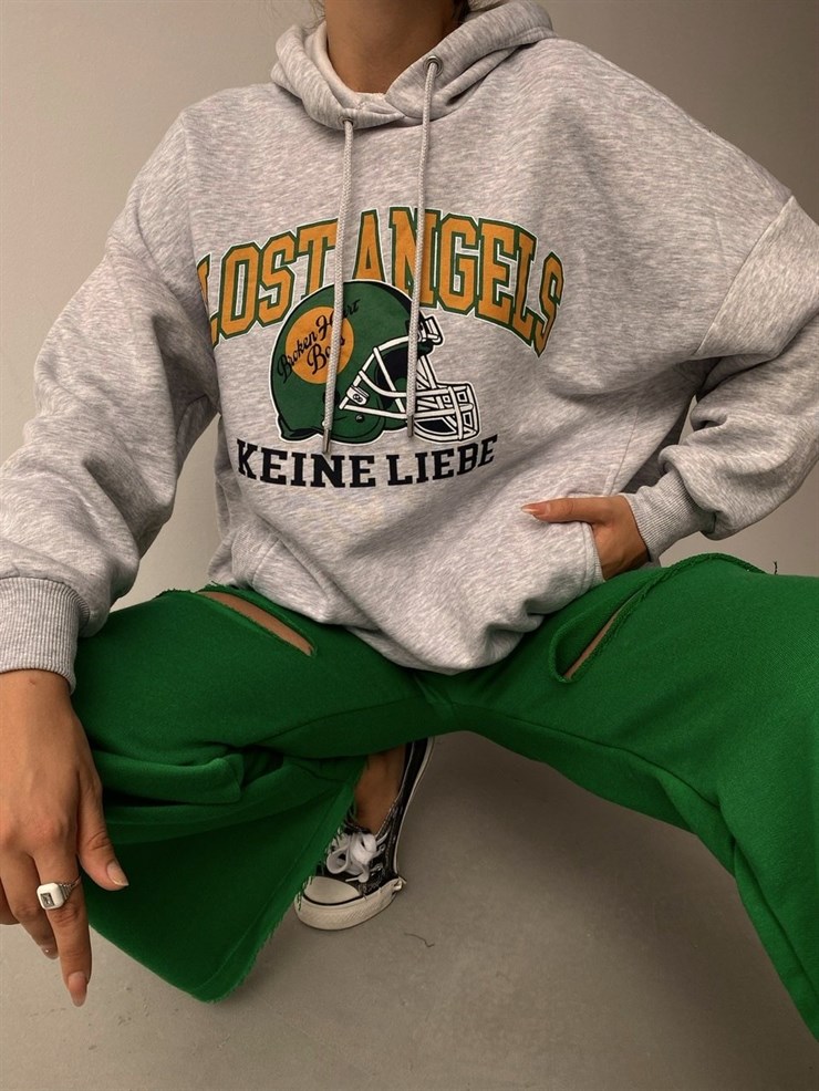 Kapüşonlu Lost Angels Baskılı Kadın Gri Sweatshirt 22K000161