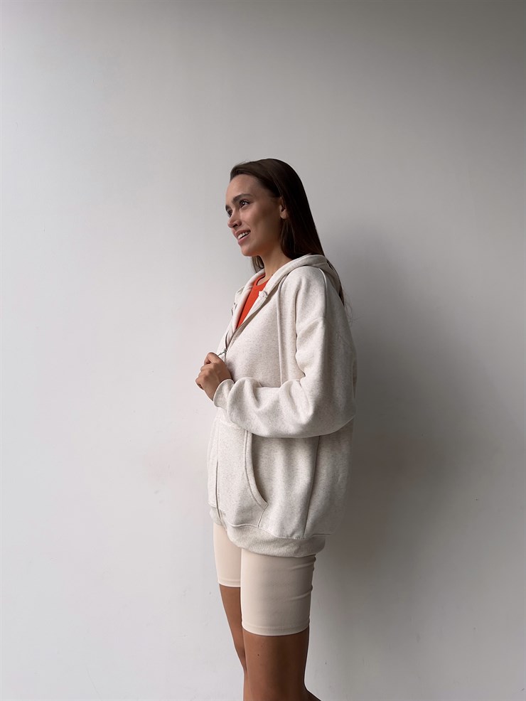 Kapüşonlu Önden Fermuarlı Kadın Bej Melanj Sweat 22K000120
