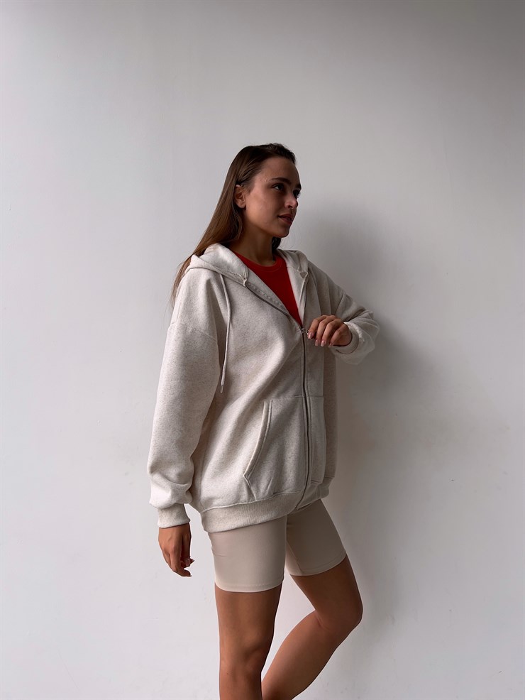 Kapüşonlu Önden Fermuarlı Kadın Bej Melanj Sweat 22K000120