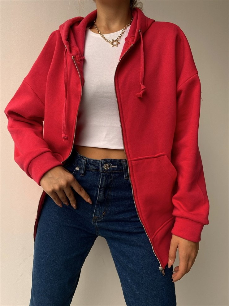 Kapüşonlu Önden Fermuarlı Kadın Fuşya Sweat 22K000120