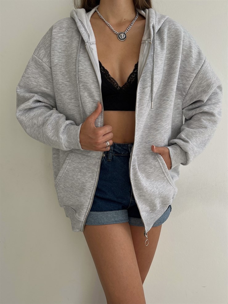 Kapüşonlu Önden Fermuarlı Kadın Gri Melanj Sweat 22K000120