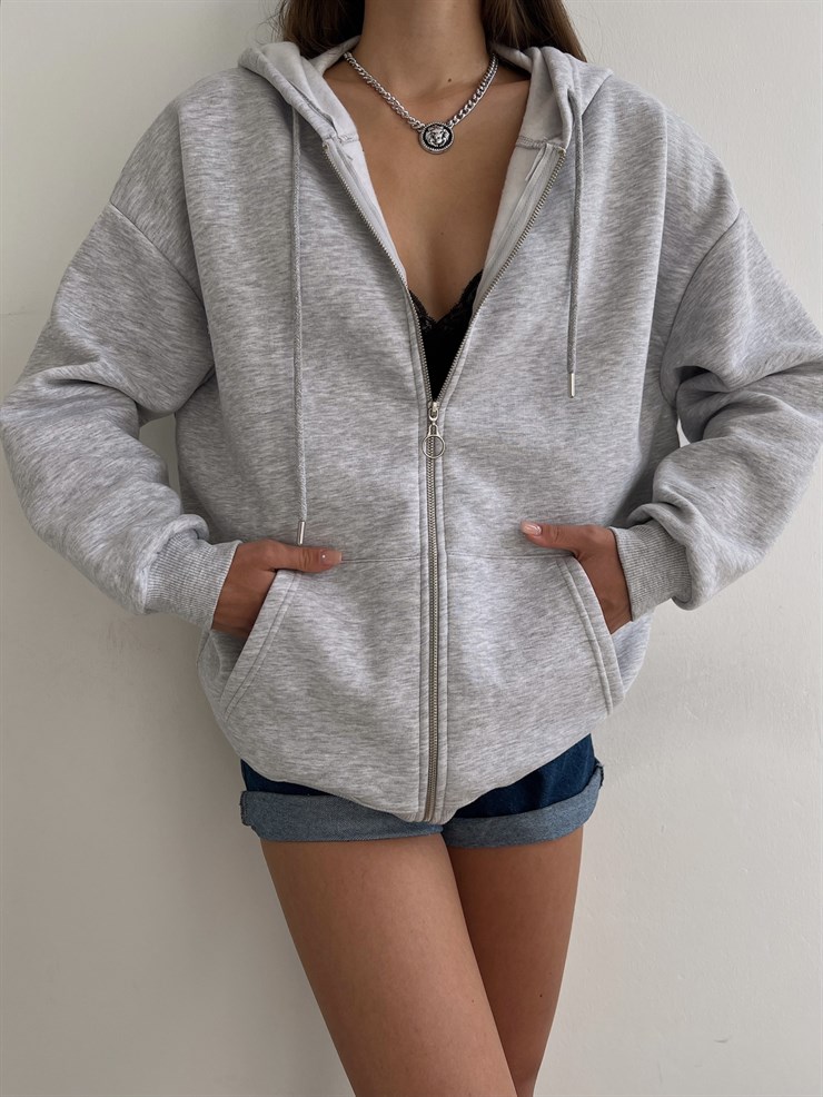 Kapüşonlu Önden Fermuarlı Kadın Gri Melanj Sweat 22K000120