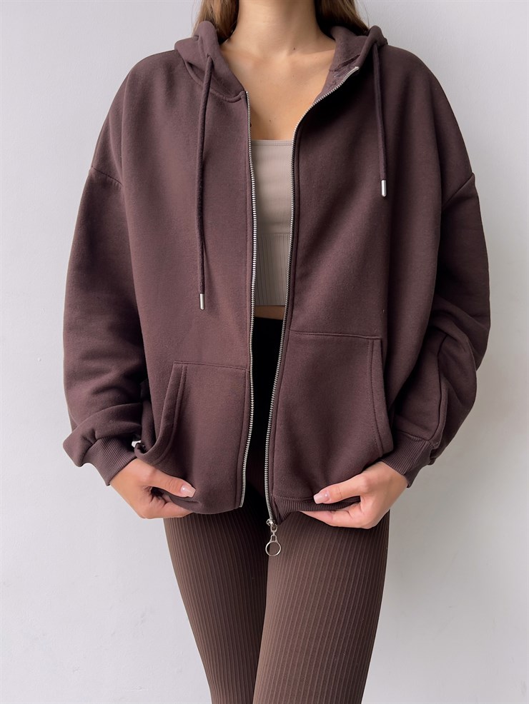 Kapüşonlu Önden Fermuarlı Kadın Kahverengi Sweat 22K000120