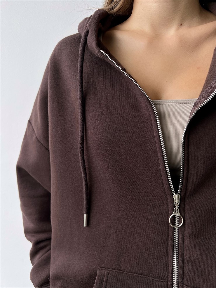 Kapüşonlu Önden Fermuarlı Kadın Kahverengi Sweat 22K000120