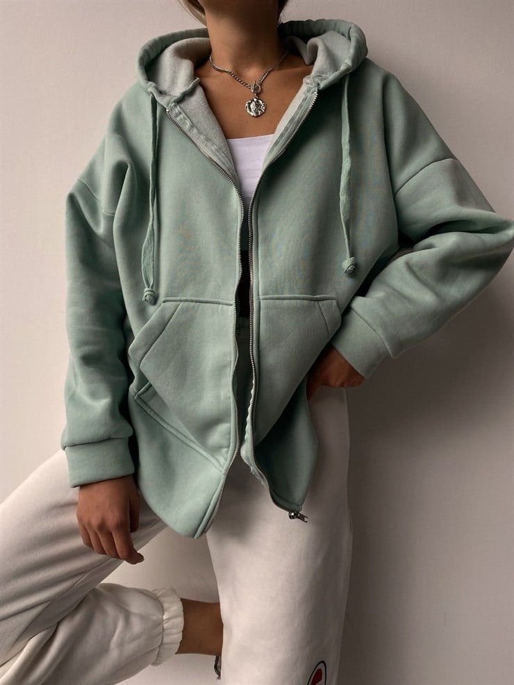 Kapüşonlu Önden Fermuarlı Kadın Mint Sweat 22K000120
