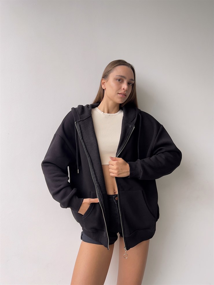 Kapüşonlu Önden Fermuarlı Kadın Siyah Sweat 22K000120