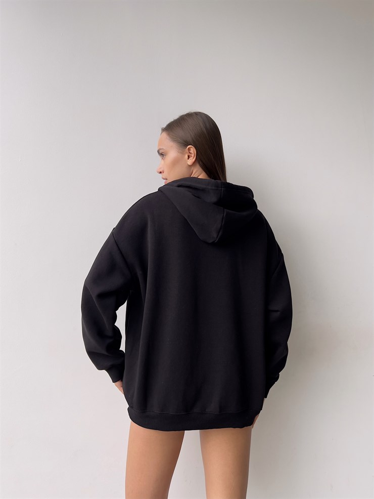 Kapüşonlu Önden Fermuarlı Kadın Siyah Sweat 22K000120