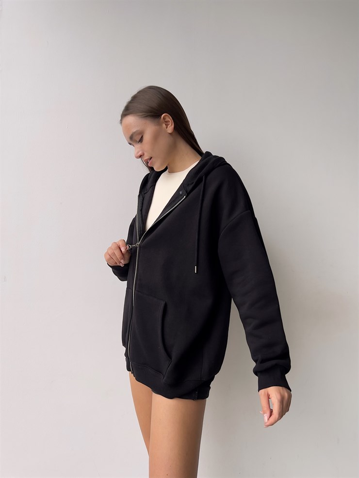 Kapüşonlu Önden Fermuarlı Kadın Siyah Sweat 22K000120