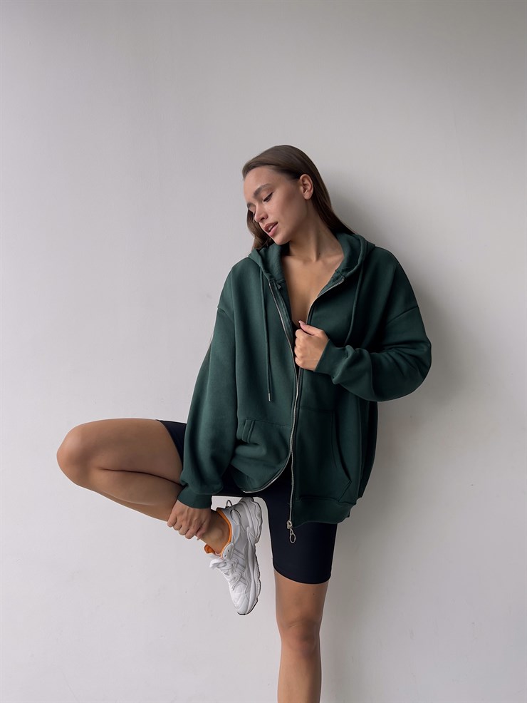 Kapüşonlu Önden Fermuarlı Kadın Yeşil Sweat 22K000120