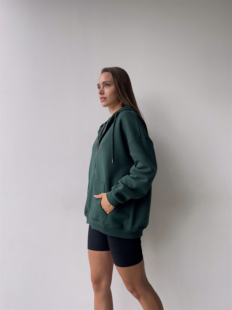 Kapüşonlu Önden Fermuarlı Kadın Yeşil Sweat 22K000120