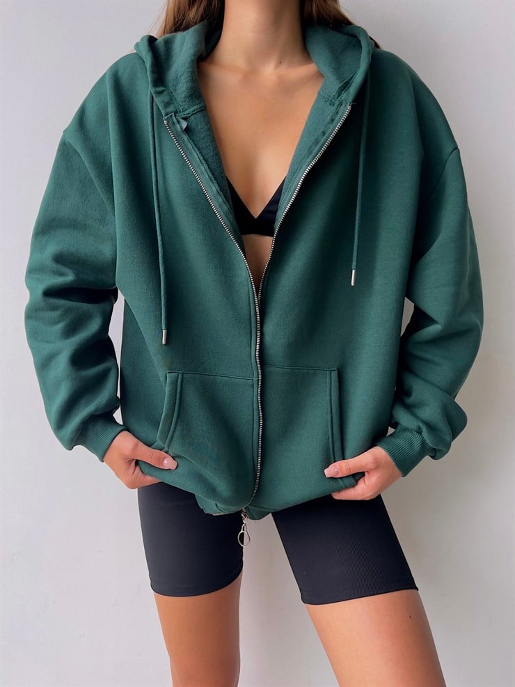 Kapüşonlu Önden Fermuarlı Kadın Yeşil Sweat 22K000120