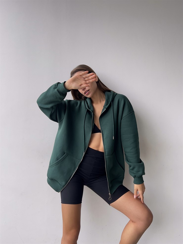 Kapüşonlu Önden Fermuarlı Kadın Yeşil Sweat 22K000120