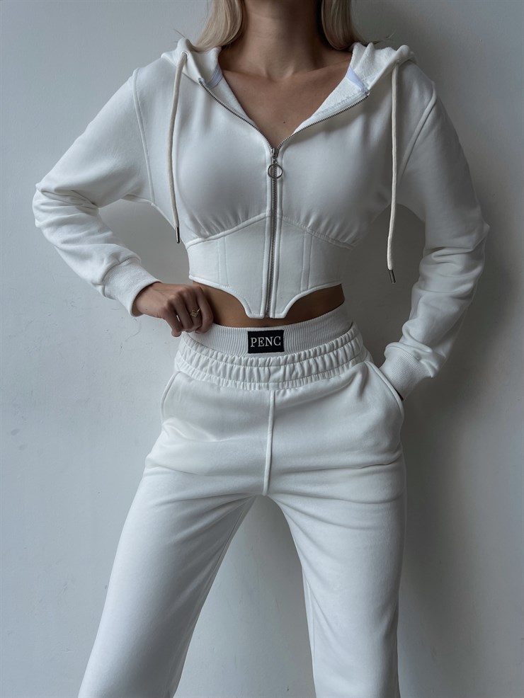 Kapüşonlu Üst Fermuar Kapamalı Alt Bel Lastikli Yanları Cepli İzya Kadın Beyaz Eşofman Takım 23K000105
