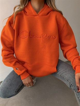 Kapüşonlu Altı Lastik Yazılı Kadın Turuncu Sweatshirt 22K000237