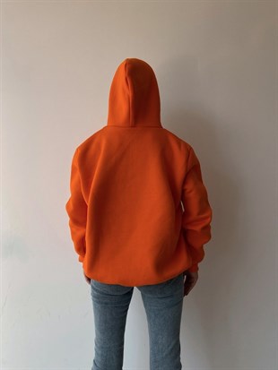 Kapüşonlu Altı Lastik Yazılı Kadın Turuncu Sweatshirt 22K000237